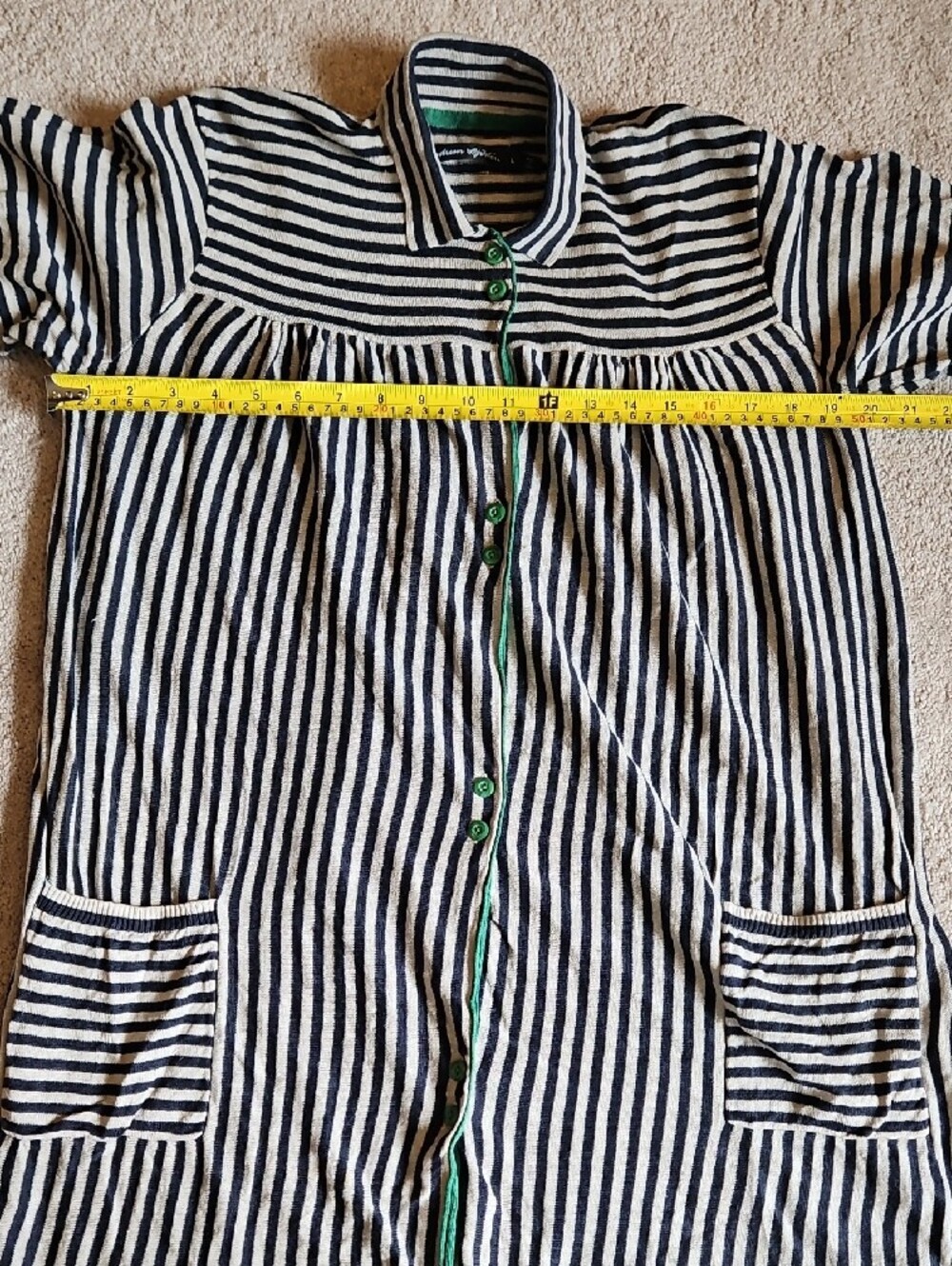 Gudrun Sjoden Navy and Oatmeal Striped Cotton Cardigan with Green Trim - Picture 4 of 13